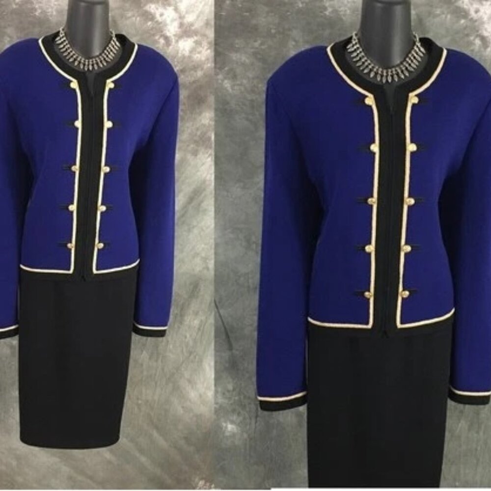 BEAUTIFUL St John collection jacket knit blue Black jacket skirt suit size 14